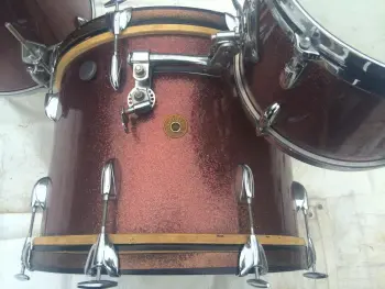 are Vintage Gretsch Round Badge 3 pc drum set in original burgundy sparkle wrap finis